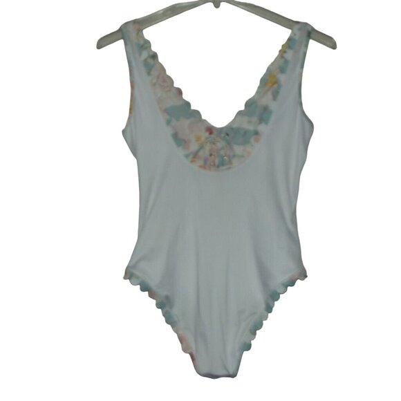 CUPSHE One Piece Swimsuit Womens Large lace up v-neck scalloped green coral pink - Picture 7 of 9